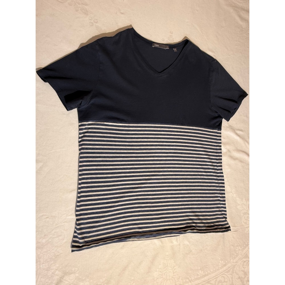 Vince Mens Navy Blue Striped Colorblock V-Neck T-Shirt Large Short Sleeve Tee